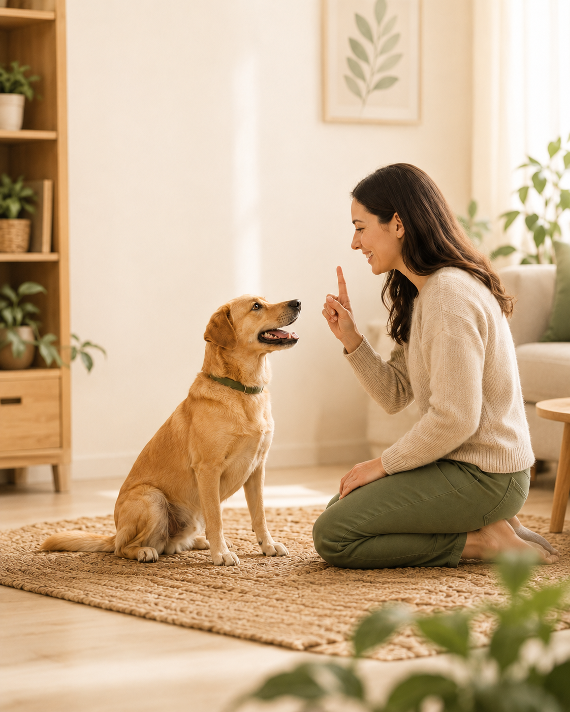 Persona guiando a su perro con calma dentro de casa