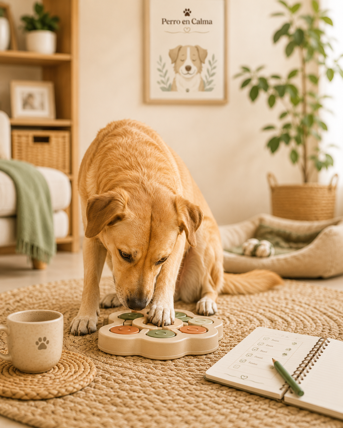 Perro realizando una actividad de estimulación en casa